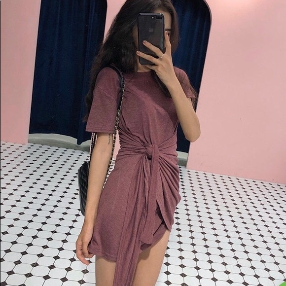 NWT Dusty Red Short Sleeve T-shirt Tie Mini Dress - Picture 3 of 5